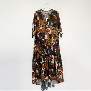 Louizon floral print babydoll style midi dress brown earth tone